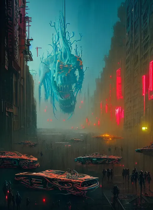 Image similar to masterpiece concept art, neon demons, by greg rutkowski and geof darrow, 8 k, intricate detail, cinematic lighting