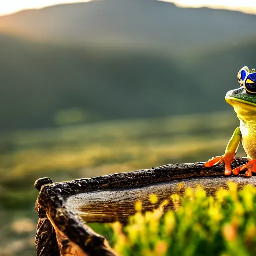 Prompt: frog with a crown on a throne in beautiful mountains watching a sunset, photograph