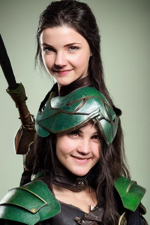 Image similar to fantasy character photo, live action. female ranger. danielle campbell. manic grin, yandere. tall, lanky, athletic, wiry. brown & dark forestgreen leather armor. small tilted lightgreen feathered cap worn at jaunty angle. black hair in ponytail. bright blue eyes.