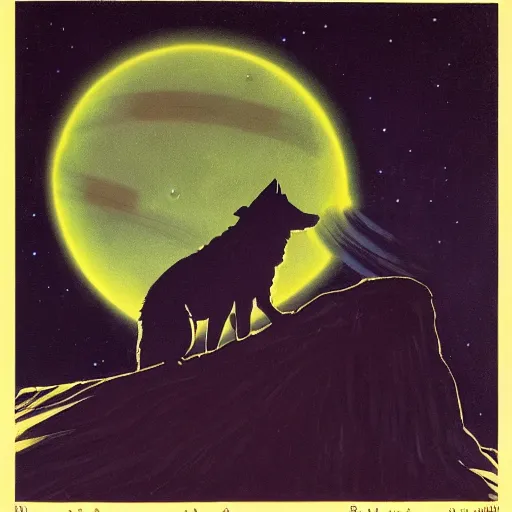 Image similar to a close up of a wolf howling at the night sky with the planet Saturn, dark Sci Fi, stylized, painting by Norman Rockwell, trending on artstation