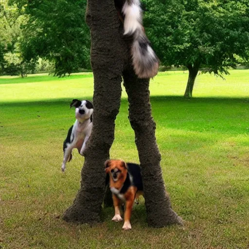 Image similar to doggos becoming a tree in the park, funny, photorealistic