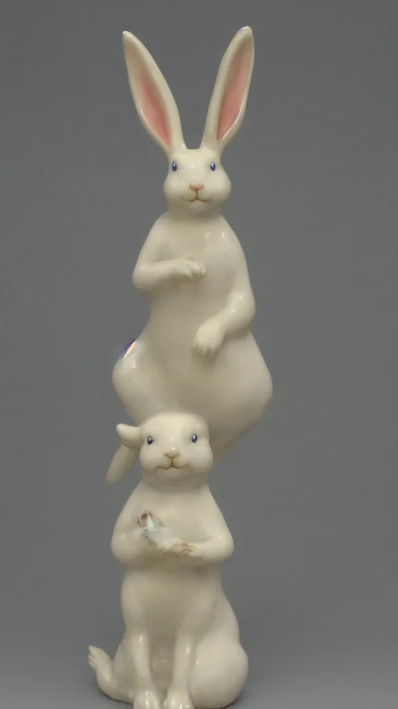 Prompt: porcelain rabbit statue with having a japanese kiseru in hand painted by john singer sargent