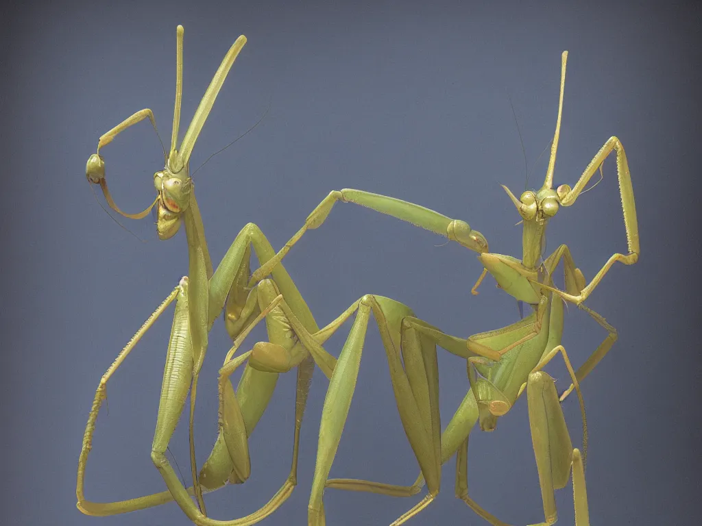 Image similar to a blue praying mantis. orchid mantis standing. petri dish art. animal eyes, cloudy eyes, cataract. subsurface scattering, translucency, backlit, diffused, smooth. studio photography high quality highly detailed award winning photograph by national geographic, by slim aarons. complementary color scheme. ( sculpture by antonio canova )