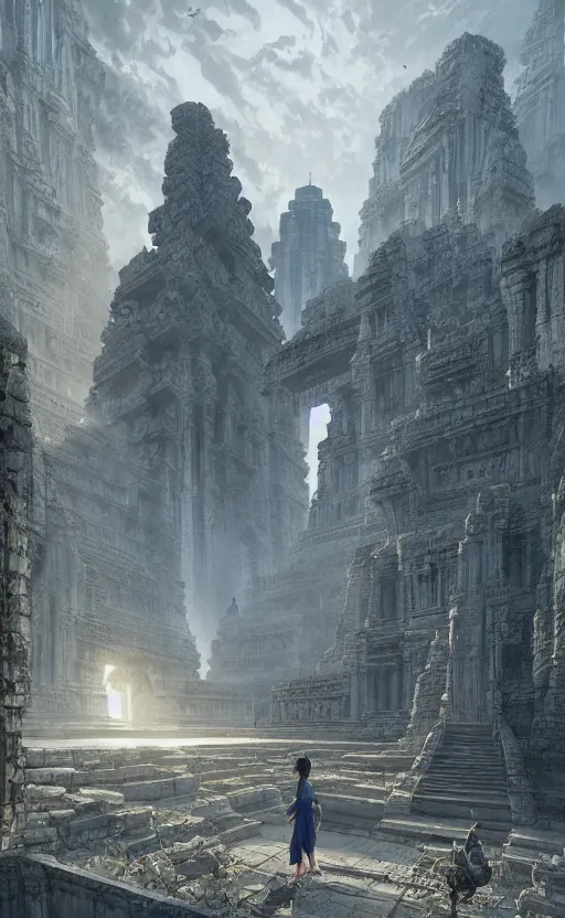 Prompt: khmer temple ruin in a futuristic city, soft grey and blue natural light, crepuscular rays, intricate, digital painting, artstation, concept art, smooth, sharp focus, illustration, art by greg rutkowski and luis rollo and uang guangjian and gil elvgren, symmetry!