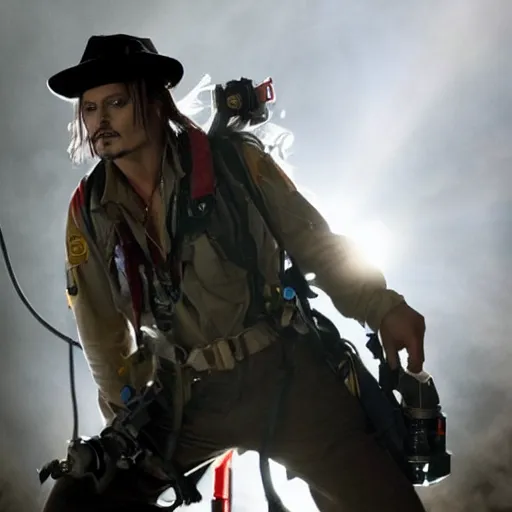Image similar to stunning awe inspiring johnny depp as a ghostbuster, movie still 8 k hdr atmospheric lighting