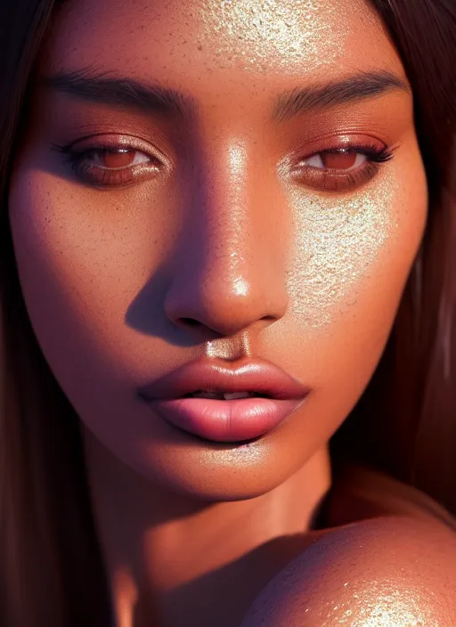 Prompt: beautiful female portrait, latina, brown skin, composite, attractive facial features, haze, intricate, symmetrical!!, makeup, maybelline, depth of field, cinematic, filmic, vsco, concept art, artstation, digital painting, elegant, model, gorgeous, vray, cinema 4 d, octane render, ambient occlusion, prism lights