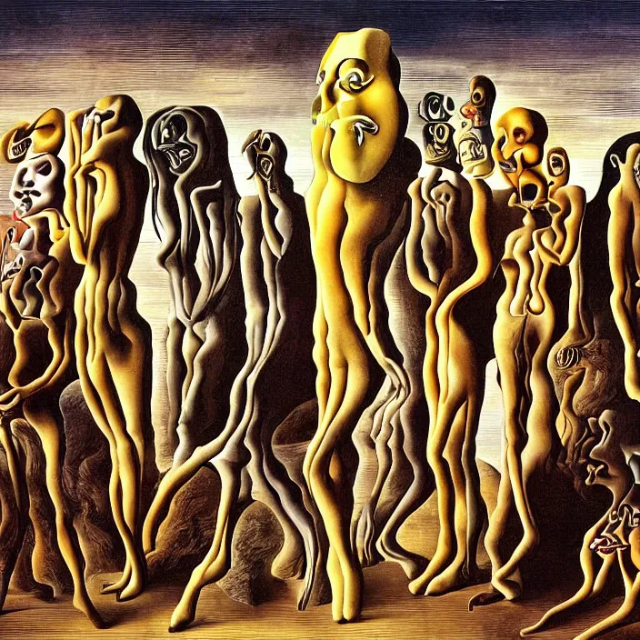 Prompt: a group of characters crying in a surreal environment by salvador dali, highly detailed