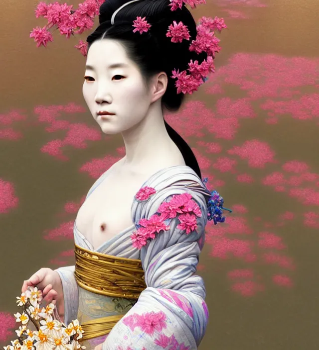 Image similar to baroque portrait of a geisha woman of porceline skin half emerged from river made of thousand of flowers, cinematic lighting, photorealistic, octane render, 8 k, depth of field, art by artgerm and greg rutkowski and alphonse mucha and uang guangjian