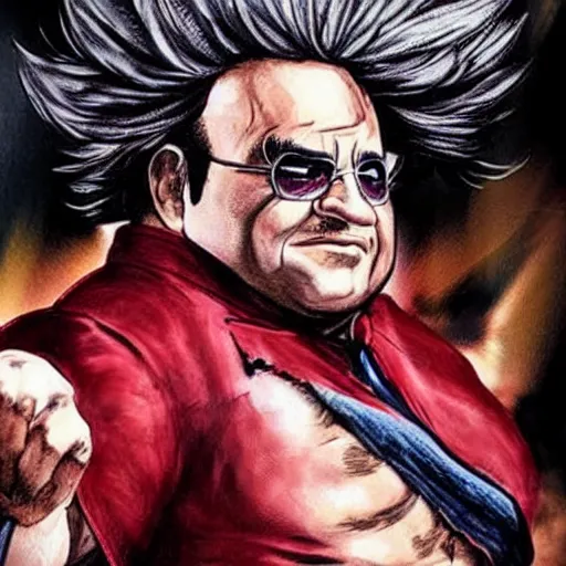 Prompt: a highly detailed Danny Devito Cosplaying as Kenshiro from fist of the north star