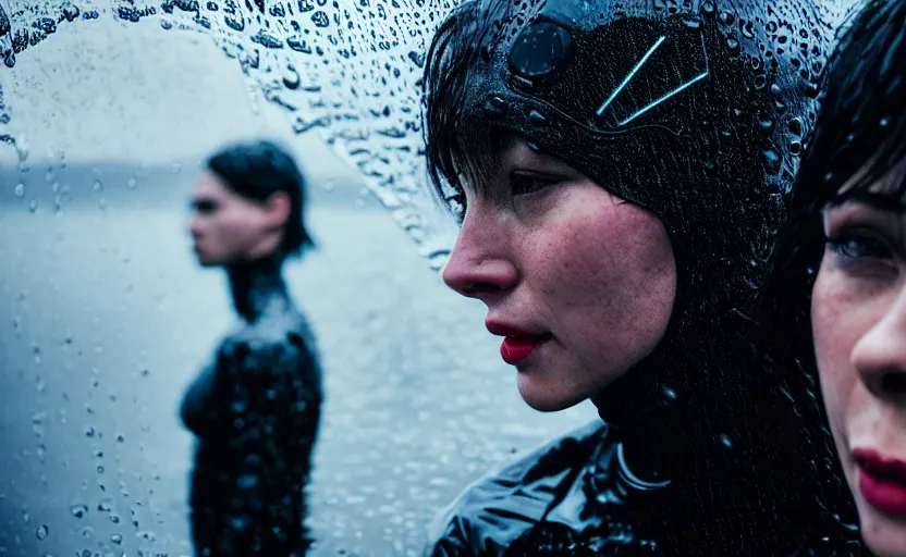 Prompt: cinestill 5 0 d candid photographic portrait by christopher nolan of two loving female androids wearing rugged black mesh techwear in treacherous waters, extreme closeup, modern cyberpunk retrofuturism moody emotional cinematic, pouring colorful rain, 8 k, hd, high resolution, 3 5 mm, f / 3 2, ultra realistic faces, ex machina