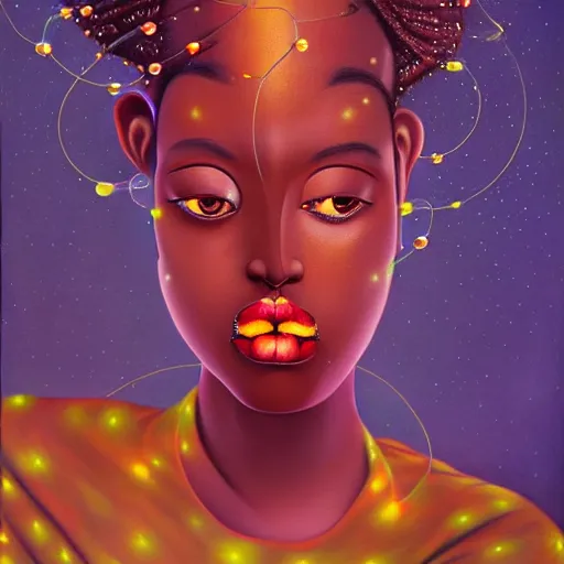 Prompt: an african queen in a surreal portrait style with glowing bubbles of light in the background by Afarin Sajedi, oil on canvas