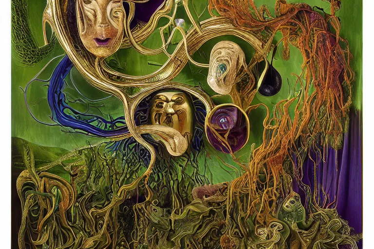 Prompt: a surreal painting titled'the parametric decisions of a fishes strange life made by soft thick flesh and burning wooden stick constructions - the clock of medusa'by salvador dali and max ernst and picasso, dramatic lighting, organic, hyperdetailed, vibrant gold silver deep green purple, intricate fractal strands drape vegetation, glistening gossamer quantum soup film clings to everything