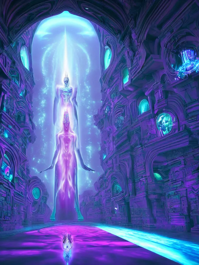 Image similar to entrance to matrix ethereal realm, shiva sentient, rendered in unreal engine, central composition, symmetrical composition, dreamy colorful cyberpunk colors, 6 point perspective, fantasy landscape with anthropomorphic terrain in the styles of igor morski, jim warren and rob gonsalves, intricate, hyperrealistic, volumetric lighting, neon ambiance, distinct horizon