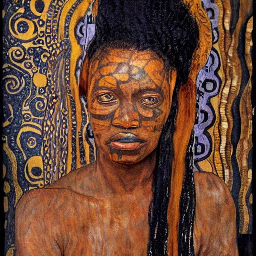 Prompt: ghost african women with tribal tatoo, klimt paint