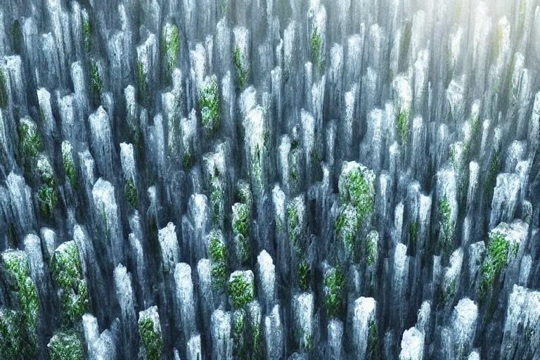 Image similar to areal view of a tall ice wall, spanning across a green forest, fantasy, digital art, brilliant, sunrise