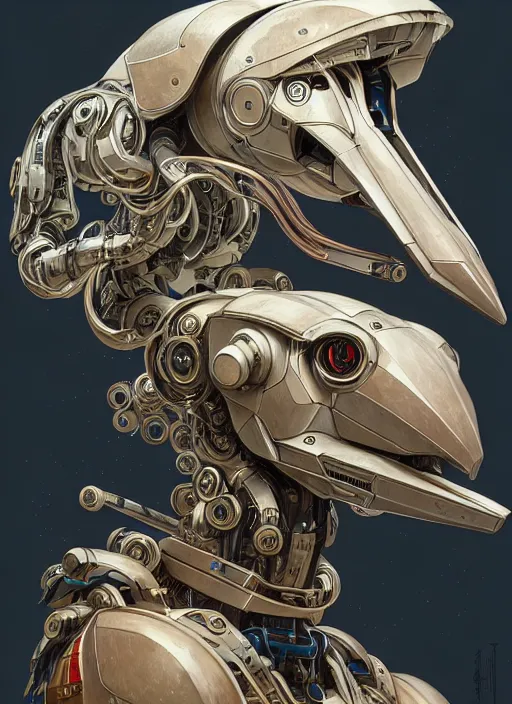 Prompt: portrait of anthropomorphic mecha - stork protoengineer biohacker, intricate, elegant, highly detailed animal monster, digital painting, artstation, concept art, smooth, sharp focus, illustration, art by artgerm and greg rutkowski and alphonse mucha, 8 k