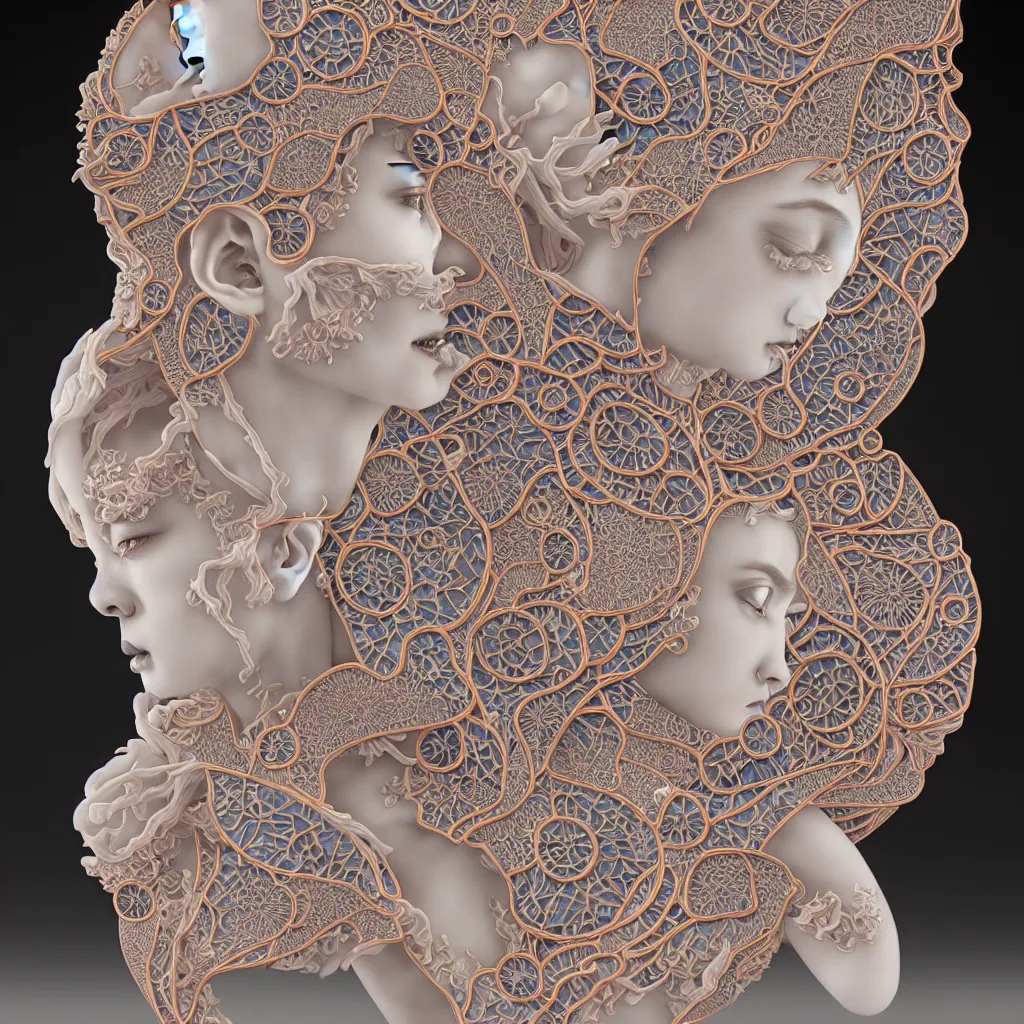 Prompt: a photo - real delicate iridescent ceramic porcelain sculpture of an ornate detailed symmetrical owel by victo ngai and takato yamamoto, symmetrical composition, backlit lighting, subsurface scattering, translucent, thin porcelain, octane renderer, colorful, physically based rendering, trending on cgsociety