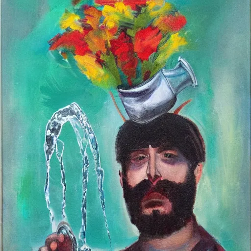 Image similar to man pouring water on head, flowers are in a pot on his head, the pot is part of his head, abstract expressionism, oil on canvas