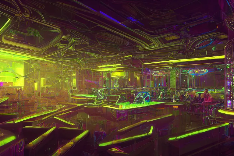 Image similar to a centered render of intricate modular synthesizer futuristic nightclub surrounded by ethereal lights and fractal geometry, cinematic, beautifully lit, by artgerm, by beeple, by karol bak, by donato giancola, by atelier olschinsky, 3 d, trending on artstation, octane render, 8 k