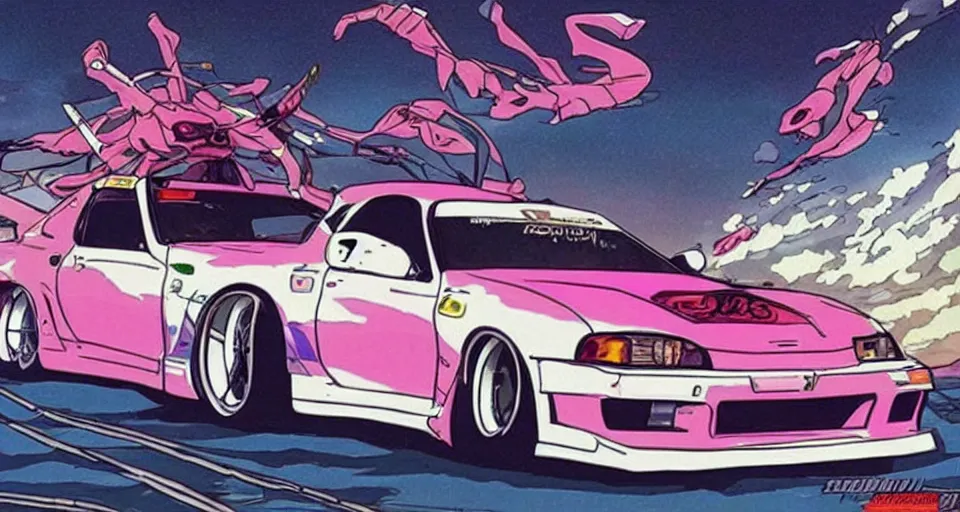 Image similar to evangelion themed toyota supra, 9 0 s anime style