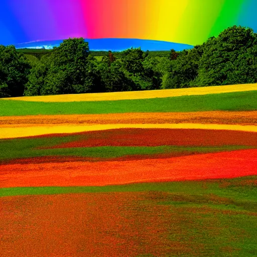 Prompt: a beautiful rainbow, many colours over an idyllic landscape