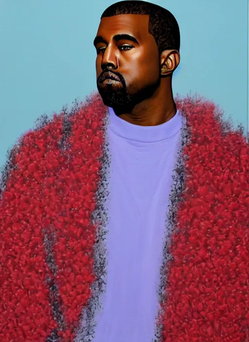 Image similar to hyperrealistic oil painting of Kanye West with red flowers in the background