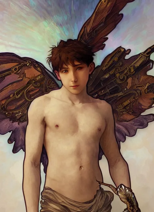 Prompt: digital character concept art by artgerm and greg rutkowski and alphonse mucha. portrait of a young 1 3 year old boy, a young god, icarus with mechanical bird wings, beautiful, holding a staff, detailed, poster art, light effect, glowing, hyper detail, intricate, elegant, digital painting, artstation, smooth, sharp focus