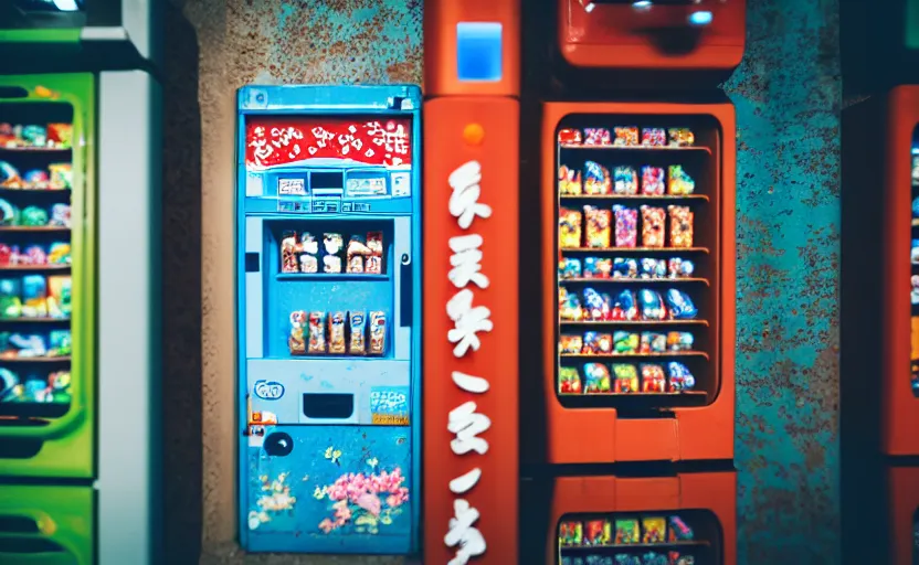 Image similar to photograph of Japanese vending machine in water of abandoned pool, one point perspective, 1-point perspective, tilt shift, sigma 85mm f/1.4, 4k, depth of field, high resolution, 4k, 8k, hd, full color