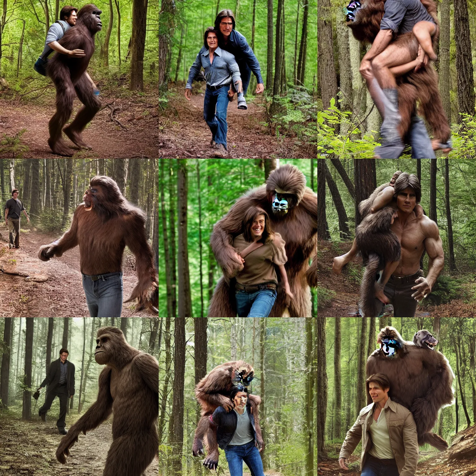 Prompt: Bigfoot carrying Tom Cruise through the woods, photorealistic, HD, telephoto lens