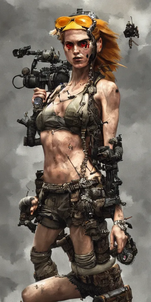 Image similar to tank girl, ultra highly detailed, fine art, action pose, wild eyes, dystopian, girl power, girl hero, anti war theme, in the style of greg rutkowski, 4 k