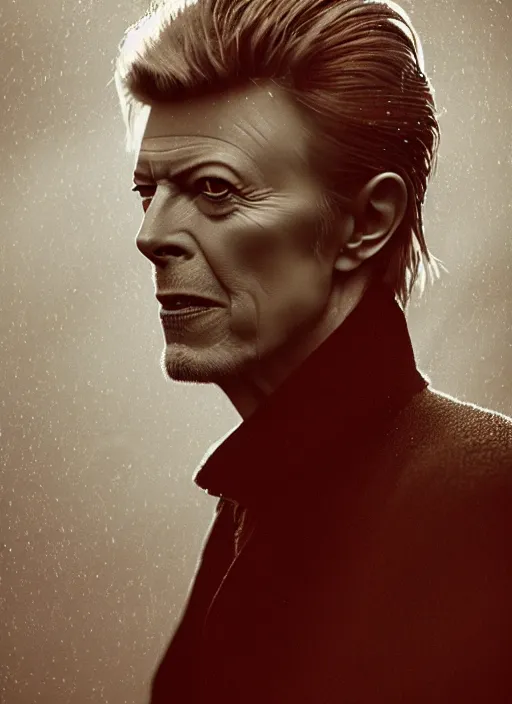 Image similar to david bowie in real life, face centered portrait of david bowie, confident, fog, rain, volumetric lighting, beautiful, golden hour, sharp focus, ultra detailed, cgsociety by leesha hannigan, ross tran, thierry doizon, kai carpenter, ignacio fernandez rios, noir art house, 4 k, 3 5 mm, fujifilm