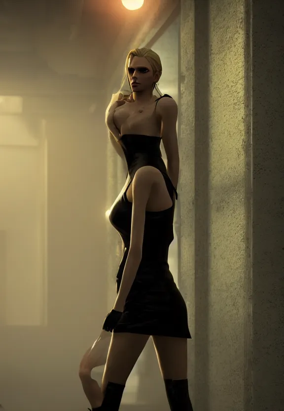 Image similar to beautiful model annie leonhart posing with open toe heels in dunwall city, beautiful face, detailed face, cinematic lighting, rainy weather, melancholy atmosphere, volumetric light, octane render, gothic architecture, realistic reflections, octane render 8 k, model agency, playboy cover