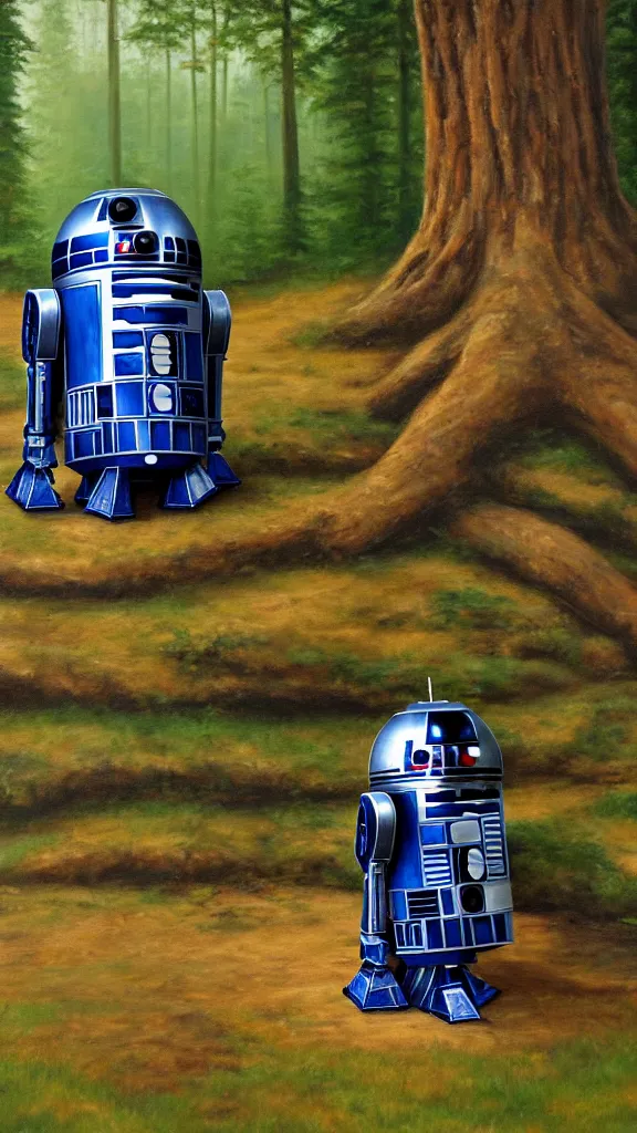 Prompt: an oil painting of r 2 - d 2 sitting by the fire at the ewok encampment, surrounded by trees. color harmony, 8 k detail, gallery quality, hd wallpaper, premium prints available, hyper - detailed, intricate design.