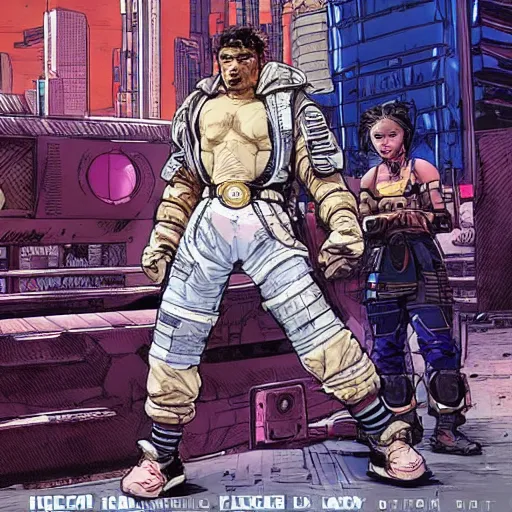Prompt: Hector. Apex legends nimble cyberpunk kickboxer. Concept art by James Gurney and Mœbius.