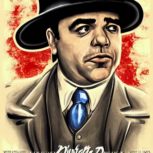 Prompt: a movie poster for a movie about al capone who is played by peter dinklage, based in chicago, gangster, painting, prohibition era, yugioh, photograph, pencil, sketch, text, signature, watermark