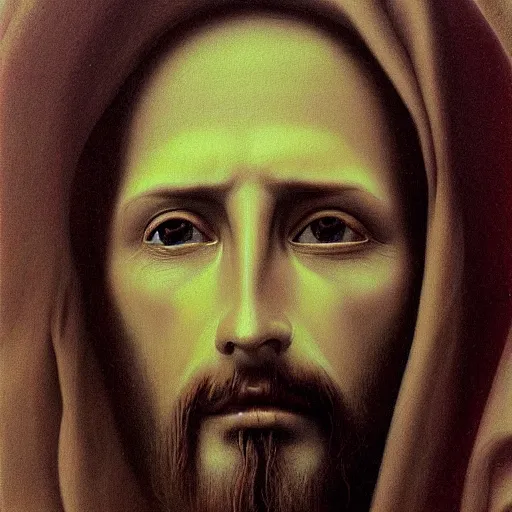 Image similar to masterpiece closeup portrait of Jesus in the style of Zdzislaw Beksinski