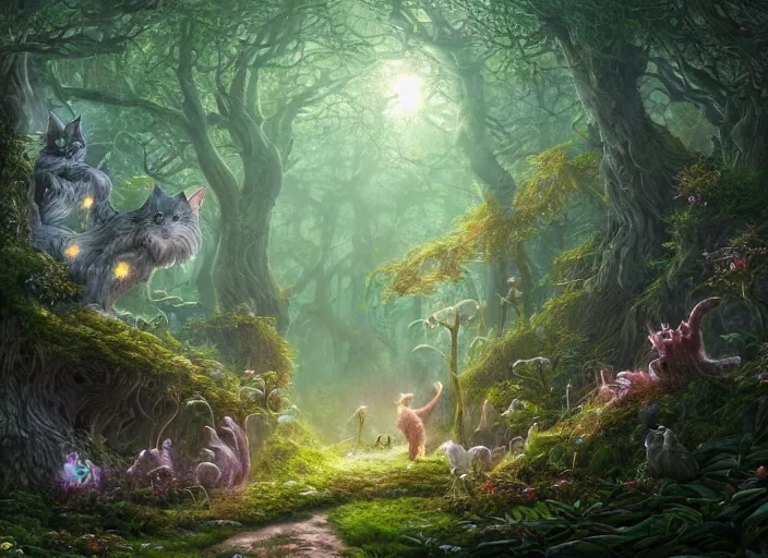 Image similar to desktop background, magical fantasy forest, magical cat creatures, path traced, highly detailed, high quality, digital painting, by studio ghibli, lise deharme, alexander jansson, paul lehr, tim white, hans zatzka, george stubbs, louis wain