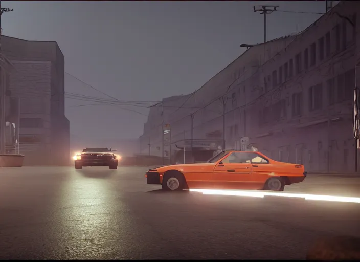 Image similar to hyperrealistic matte painting of gta game in moscow, 1 9 9 0, playstation 5 screenshot, mega details, dark night, orange lights, heavy rain, fog, beautiful rtx reflections, soviet suburbs, photorealistic, unreal engine 5, octane render, volumetric light, cg society, 4 k, 5 0 mm bokeh, russian lada car, artstation