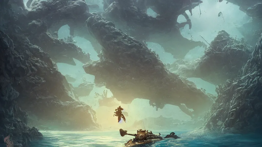 Prompt: An diver is under the sea, he has a treasure with him, he is swimming away from the giant Ryūjin that is behind hunting him, this is an extravagant planet with wacky wildlife and some mythical animals, the background is full of ancient ruins, the ambient is dark with a terrifying atmosphere, by Jordan Grimmer digital art, trending on Artstation,