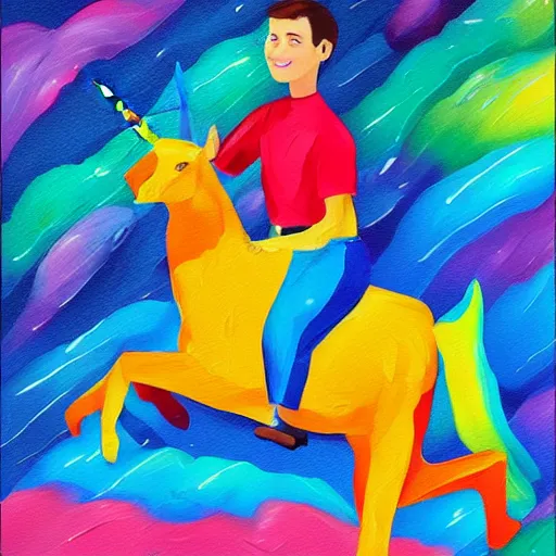 Image similar to Vitalik Buterin riding a unicorn, colorful painting