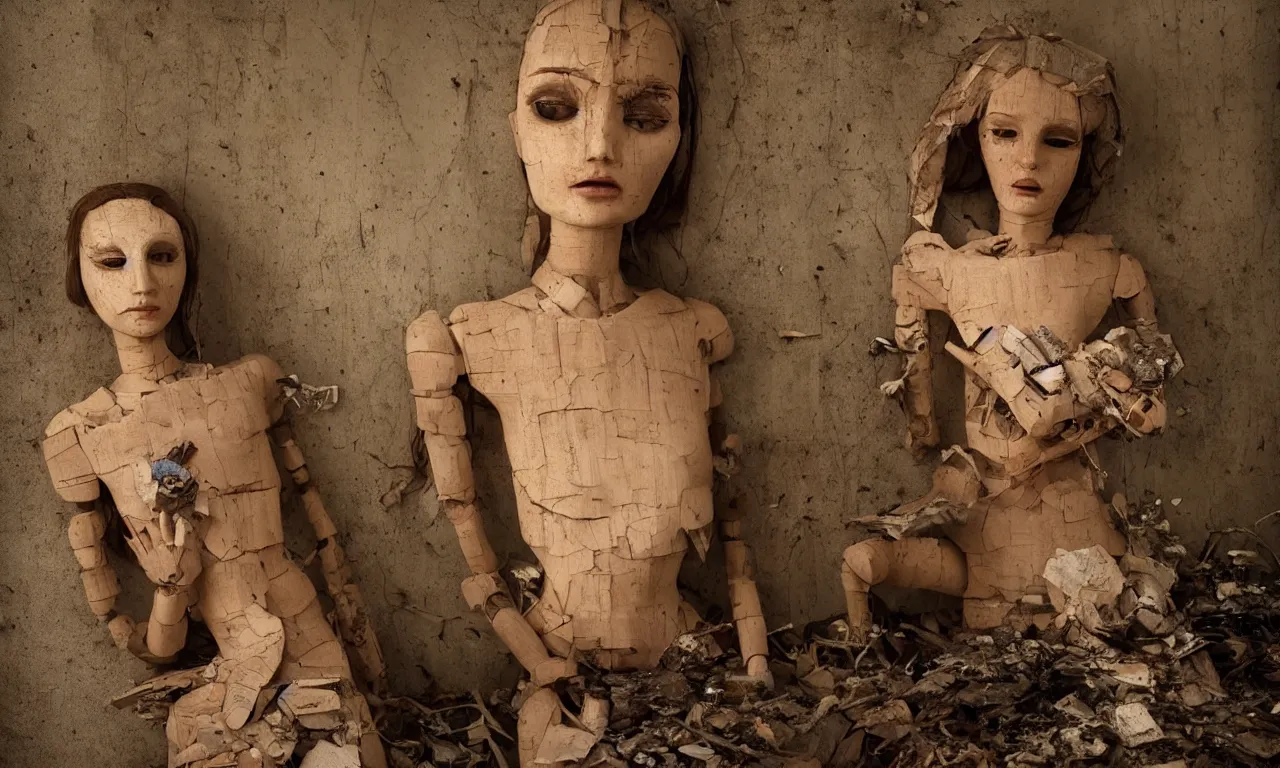 Image similar to a cinematic portrait of a beautiful female jointed wooden doll, holding each other, abandoned, left inside a room in a derelict house, broken toys are scattered around, rubbish, decay, by James C. Christensen, by Tomasz Alen Kopera, by Raphael, by Caravaggio, 8K, rendered in Octane, cinematic, 3D, volumetric lighting, highly detailed, photorealistic, hyperrealism