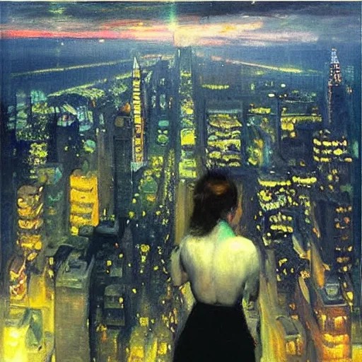 Image similar to “ a girl!!!!!! looking down at a futuristic new york city below, ghostpunk, very detailed, high quality, oil painting, by george bellows ”