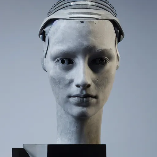 Image similar to a head and shoulders portrait of a female cyborg in her 20s, sculpture made of marble and aluminum, studio photography, cyberpunk lighting