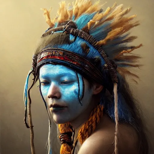 Prompt: A young blindfolded shaman woman with a decorated headband, in the style of heilung, blue hair dreadlocks and wood on her head, atmospheric lighting, intricate detail, cgsociety, ambient light, dynamic lighting, made by karol bak