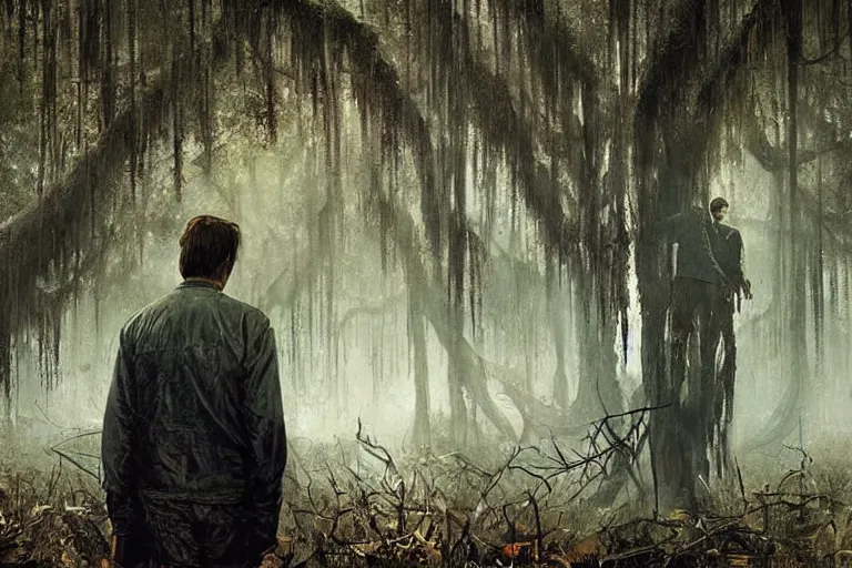 Image similar to scene from louisiana swamps, true detective, artwork 8 0 s japanese sci - fi books art