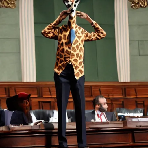 Image similar to a giraffe with a tie and pants on the spanish congressional stage