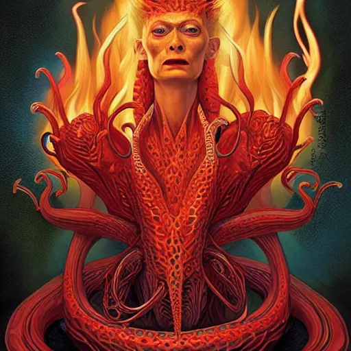 Prompt: queen of hell portrait of Tilda Swinton, fire and flame, big long hell serpent octopus, Pixar style, by Tristan Eaton Stanley Artgerm and Peter Mohrbacher and Tom Bagshaw and Boris Vallejo.