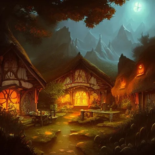 Prompt: night scene of a hobbit village, by peter mohrbacher and dan mumford and nekro, cgsociety, volumetric light, 3 d render