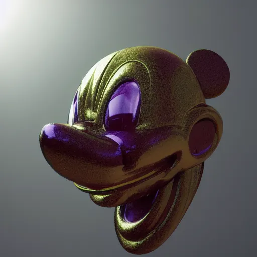 Image similar to mickey mouse head, fractal, broken, wet, mycelium, radiant alien, rococo, baroque, automotive, bio-mechanical, porcelain, iridescent sub surface scattering, octane render