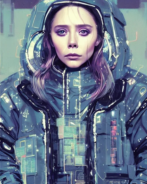 Image similar to detailed portrait of elizabeth olsen as a neon operator girl, cyberpunk futuristic, neon, reflective puffy coat, decorated with traditional japanese by ismail inceoglu dragan bibin hans thoma greg rutkowski alexandros pyromallis nekro rene margitte, illustrated, perfect face, fine details, realistic shaded, fine - face, pretty face